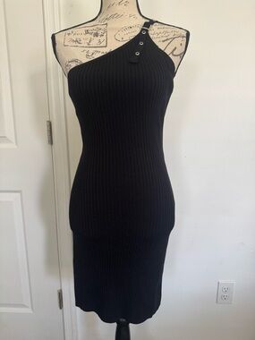 Black One-Shoulder Ribbed Knit Dress